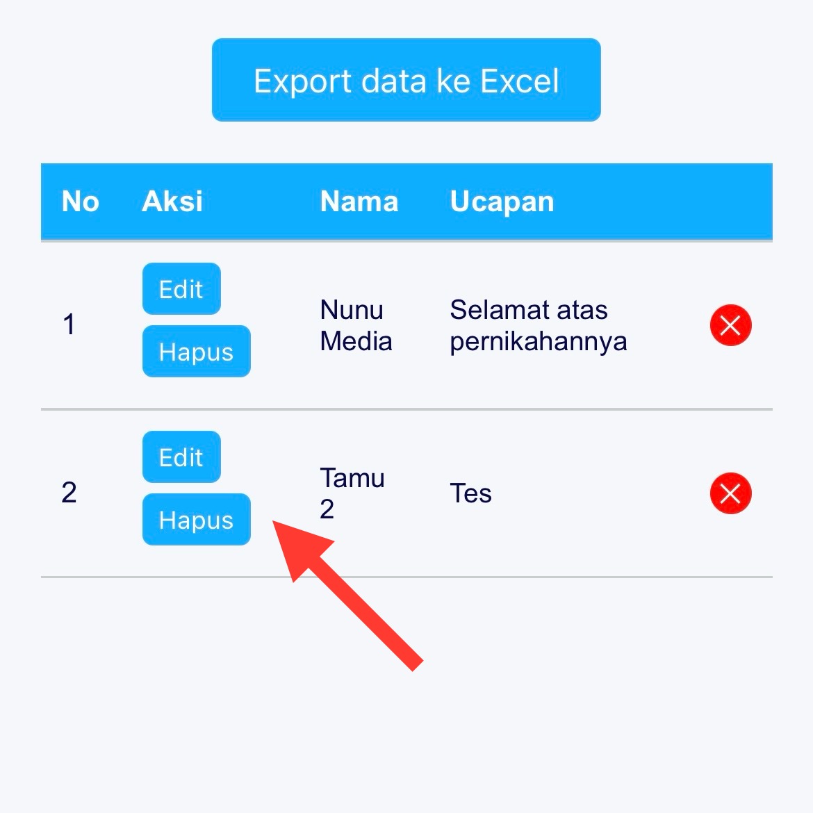 Tabel ucapan - tombol Hapus